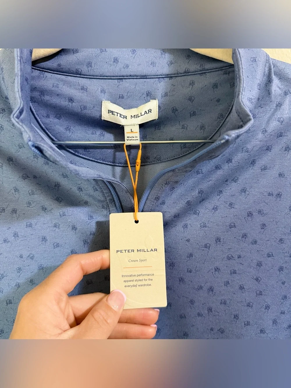 Peter Millar Perth Carts Performance Quarter Zip Pullover Blue Print NWT Men L